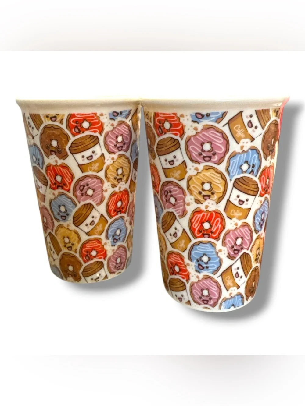 Cute Donut & Coffee Pattern Ceramic Handleless 14 oz set of 2 Coffee Mugs